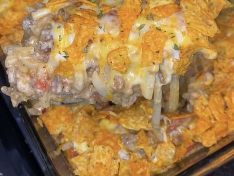 Cheesy Dorito Casserole Recipe - Whisk Dorito Beef Casserole, Dorito Taco Casserole, Easy Hashbrowns, Dorito Casserole, Frozen Hashbrowns, Cheesy Hashbrowns, Hashbrown Casserole, Crockpot Casserole, Cheddar Cheese Soup