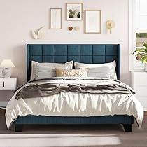 Dark Blue Bed Frame Bedroom Ideas, Indigo Bed, Cozy Small Bedrooms, Blue Headboard, King Size Platform Bed, Blue Bed, Full Size Platform Bed, Velvet Upholstered Bed, Queen Size Platform Bed