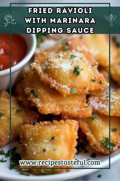 Crispy, golden-brown ravioli paired with marinara sauce makes for a crowd-pleasing appetizer or snack, perfect for any occasion! Marinara Dipping Sauce, Fried Ravioli, Vegetarian Italian, Ravioli Recipe, Crowd Pleasing Appetizers, Quick Weeknight Meals, Cozy Night, Spaghetti Sauce, Marinara Sauce