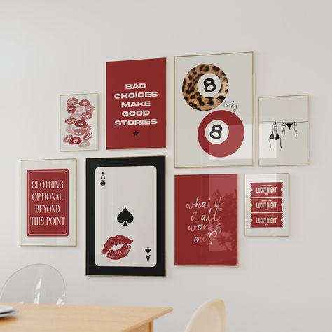 Large Wall Prints Bedroom, Black And Red Bathroom Decor, Red Black And Gold Apartment, Aura Living Room, Black White Red Bathroom, Red And Pink Apartment Decor, Red And Leopard Print Room, Dice Room Decor, Red Aesthetic Living Room