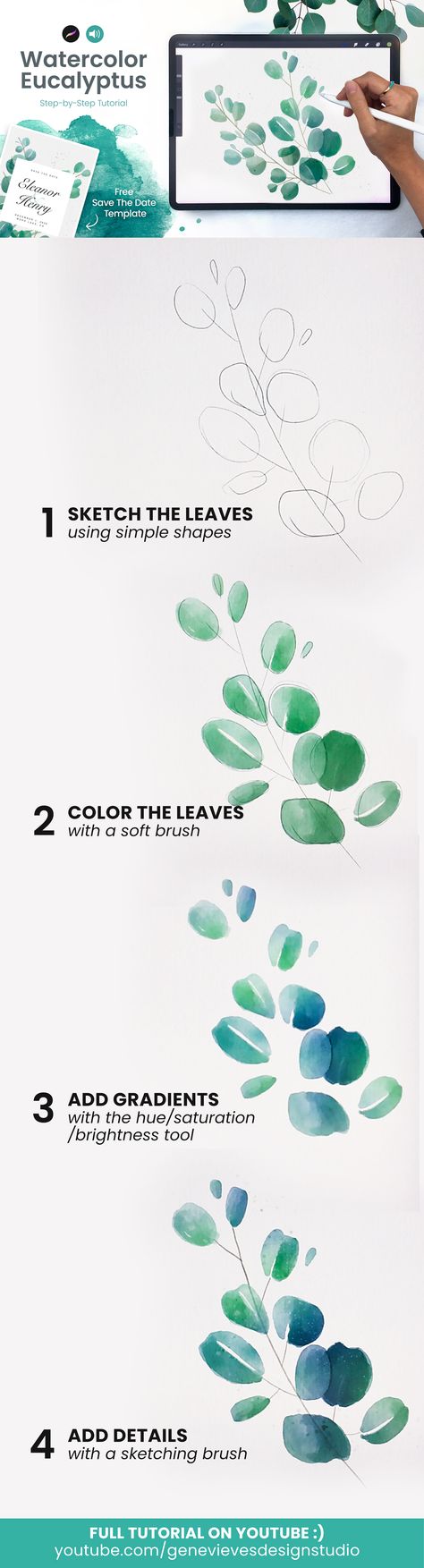 Watercolor On Ipad, Watercolor Digital Art Tutorial, Eucalyptus Watercolor Tutorial, Procreate Inspiration Easy, Watercolor Art Procreate, Watercolor Art Digital, Procreate Inspo Easy, Procreate Watercolor Tutorial, Digital Watercolor Tutorial