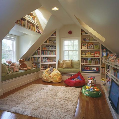 15+ Attic Room Designs Featuring Creative Playrooms for Kids • 333k+ Inspiring Lifestyle Ideas Attic Room Playroom, Converted Attic Playroom, Attic Room Office Slanted Ceiling, Renovating Attic Space, Attic Family Room Ideas, Attic Kids Bedroom Ideas, Kids Attic Room, Boys Attic Bedroom Ideas, Attic Library Ideas