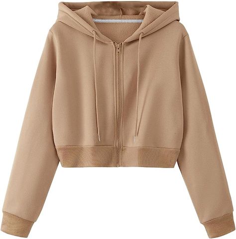 SweatyRocks Women's Long Sleeve Drawstring Full Zip Hooded Jacket Crop Sweatshirt Khaki S at Amazon Women’s Clothing store Coffee Brown Color, Thermal Hoodie, Women Sweatshirts, Lined Hoodie, Crop Top Sweatshirt, Sweatshirts Pattern, Yellow Fashion, Hoodies For Sale, Knitted Pullover Sweaters