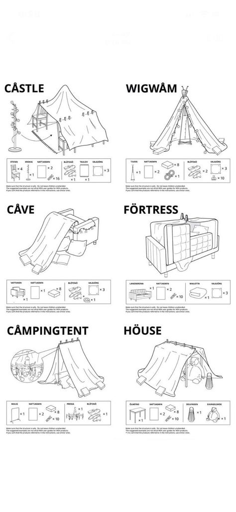 Ikea Fort Instructions, Tent Making Ideas, How To Build Blanket Fort, How To Build A Tent With Blankets, How To Make A Den Indoors Blanket Forts, Building A Fort With Blankets, Fort House Ideas, How To Make A Sofa Fort, How To Build The Best Fort