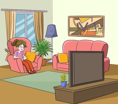 Living Room Illustration Cartoon, Girl Watching Tv, Tv Drawing, Room Vector Illustration, Tv In Living Room, Tv Illustration, Living Room Vector, Cartoon Room, Living Room Clipart