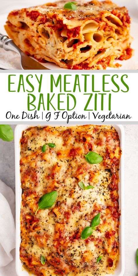 This easy meatless baked ziti is made with 3 cheeses layered in one delicious pasta dish. The ricotta, mozzarella, and parmesan melt together with the red sauce and ziti noodles for a satisfying vegetarian dinner that can easily be made gluten free. Baked in the oven in a quick 35 minutes, with only a few ingredients you likely already have in the pantry; you can't go wrong! #easymeatlessbakedziti #3cheesebakedziti #glutenfreebakedziti Baked Ziti Vegetarian, Baked Pasta Recipes Vegetarian, Meatless Baked Ziti, Ziti Noodles, Meatless Pasta Recipes, Best Baked Ziti Recipe, Baked Mostaccioli, Hearty Recipes, Rigatoni Recipes