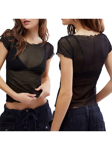 Women's Mesh Tops Casual Slim Fit See Through Boat Neck Short Sleeve Dot Shirt for Summer Black Summer Tee Shirts, Mesh Tops, Dot Shirt, Crop Top Casual, Tops Casual, Summer Black, Solid Clothes, Casual Fits, Summer Tops