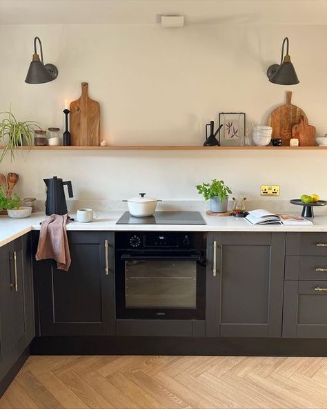 Open Wood Shelves Kitchen, Floating Shelf Kitchen, Single Wall Kitchen, Wooden Shelves Kitchen, Wood Shelves Kitchen, Floating Kitchen Shelves, Howdens Kitchens, Sage Green Kitchen, Swan Neck