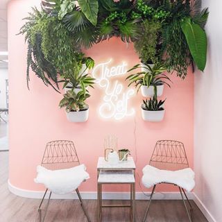 Image may contain: people sitting, plant, table and indoor Garden Wall Planter, Vertical Garden Wall Planter, Nail Salon Interior, Esthetician Room Decor, Esthetics Room, Spa Room Decor, Salon Suites Decor, Esthetician Room, Nail Salon Decor