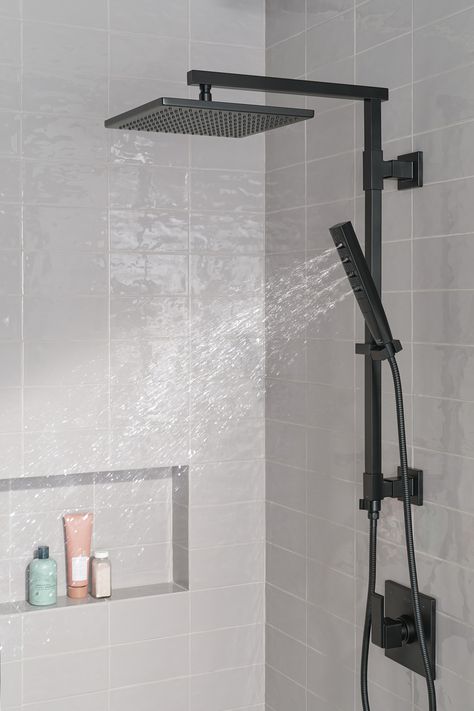 The Emerge™ Shower Column transforms your shower without altering the plumbing behind your shower wall. Inspired by modern European styles, the bold profile and \nimpactful design exude an upscale motif while the customizability of the hand shower and overhead shower head combo revitalizes your showering experience. The Emerge Shower Column works with any overhead shower head with no need to run plumbing through the ceiling. An integrated, 3-way diverter allows use of the overhead shower and the Overhead Rain Shower Head, Shower With 2 Shower Heads, Shower Head Ideas, Rain Shower Head Ceiling, Black Shower Fixtures, Redo Bathroom, Rainhead Shower, Ceiling Mounted Shower Head, Overhead Shower Head