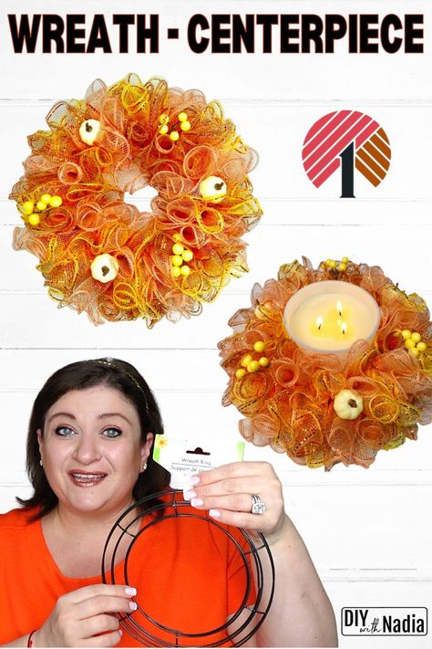 WREATH or CENTERPIECE Fall Deco Mesh Dollar Tree DIY Tutorial Small Deco Mesh Wreath Diy, Dollar Tree Deco Mesh Poof Using 6 Inch Deco Mesh, Fall Deco Mesh Garland Diy, Candle Wreaths Rings, Deco Mesh Centerpiece Diy, Deco Mesh Candle Ring Tutorial, Deco Mesh Wreaths Diy Tutorials, Dollar Tree Wreath Diy, Deco Mesh Ideas