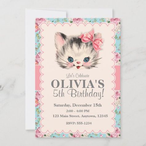 $2.65 | Kitten Birthday Party Invitations #kitten, birthday, party, invitations, flowers, vintage, chic, floral, kitty, pink Kitty Cat Birthday Party, Cat Birthday Party Invitations, Cat Party Decorations, Cat Tea Party, Kitten Birthday Party, Kitten Party, Kitten Birthday, Cat Birthday Party, 9th Birthday Parties