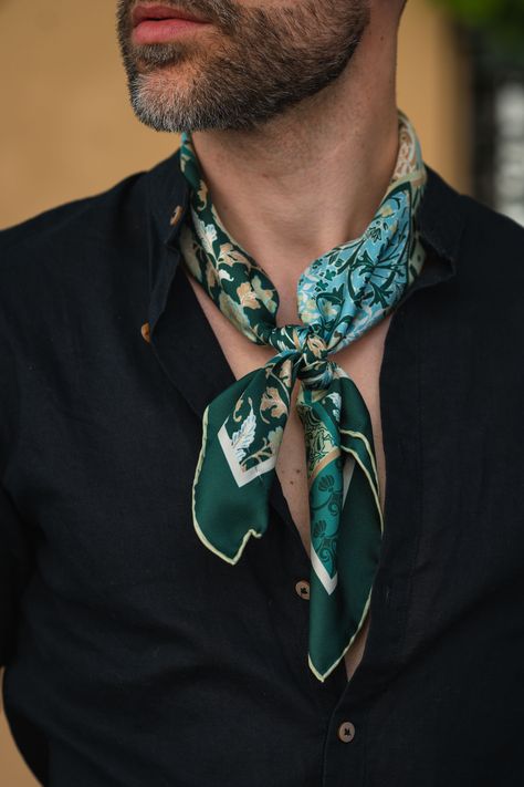 Inspired by Naples' ancient history and scenic beauty, this scarf showcases timeless artistry and handmade excellence, enhancing your style with Italian sophistication. The classic neckerchief size: Approx. 27" x 27". A comfortably large size that fits most men, unlike smaller bandanas. 100% silk twill: A soft, silky fabric traditionally used in men's tailoring for its look and its drape. Characterized by a diagonal weave which makes it very durable. Hand rolled hems: For the ultimate in luxury Men Scarves Fashion, Suits With Scarf Mens Fashion, Scarf Men Style, Men Scarf Style, Cuban Outfit Men, Bohemian Mens Fashion, Neckerchief Men, Mens Bandana, Ide Hampers