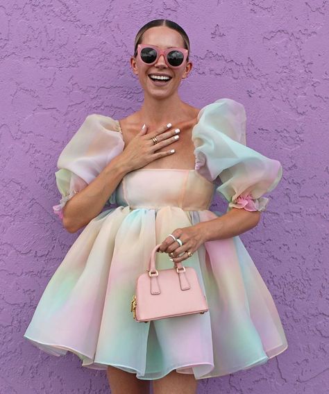 Selkie ™ on Instagram: “Wow, @blaireadiebee in the rainbow puff! It took me a really long time to get this rainbow print elegant and subtle as an opal, it’s…” Prom Event, Mini Party Dress, Puff Dress, Short Puff Sleeve, Mini Party, Puffed Sleeves Dress, Mode Inspiration, Mode Style, Event Dresses