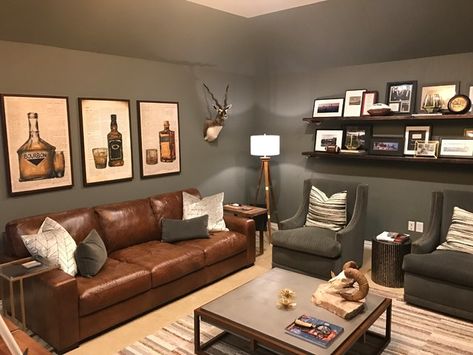 Man Cave Dark Walls, Wall Decor For Mans Office, Small Men Office, Den Man Cave, Man Cave Furniture Ideas Couch, Guest Bedroom Man Cave, Men Decor Living Room, Neutral Man Cave, Man Cave Study Room