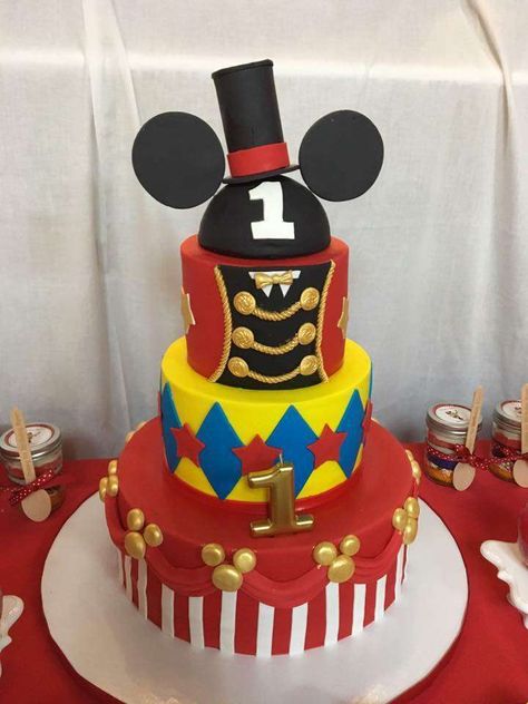 Ryan's Mickey Carnival Birthday Bash | CatchMyParty.com Circus Birthday Party Decorations, Carnival Birthday Party Ideas, Circus Cakes, Carnival Cakes, Mickey 1st Birthdays, Birthday Mickey Mouse, Prince Birthday Party, Mickey Mouse Clubhouse Birthday Party, Carnival Birthday Party