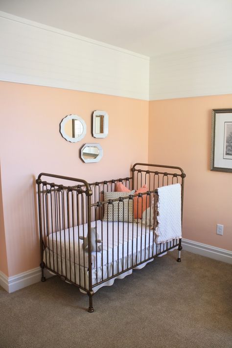 3/4 painted wall Brass Crib, Peach Room, Peach Nursery, 3 Mirrors, Crib Wall, Vintage Baby Nursery, Ship Lap, Black Bed, Wall Planks