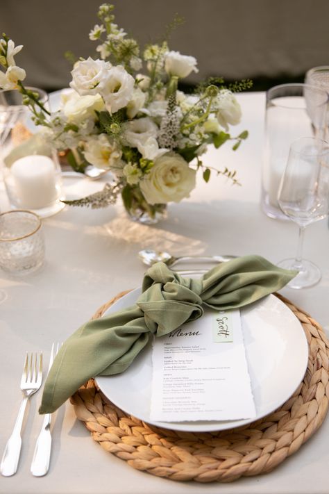 Gold Charger Sage Napkin, Wedding Plate Setting Neutral, Ivory And Sage Wedding Table, Boho Plate Setting Wedding, Sage Wedding Tablescape, Sage Green Wedding Tables, Sage Green Napkins Wedding, Olive Green Table Setting, Sage Green Table Setting