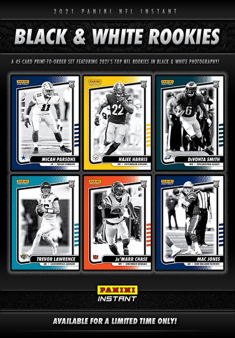 Collect top NFL rookies with 2021 Panini Instant Black & White Rookies Football. Each order includes the entire set. Baseball Card Design, Cardboard Connections, Poster Bola, Baseball Card Template, Tcg Cards, Character Card, Sports Card, Sports App, 카드 디자인