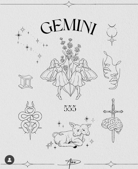 Zodiac Tattoo Ideas Gemini, Gemini Angel Tattoo, Creative Gemini Tattoo, Gemini Piercing, Fine Line Tattoo Gemini, Gemini Flash Tattoo, Gemini Fairy Tattoo, Tattoo Ideas Female Gemini, Dainty Gemini Tattoo