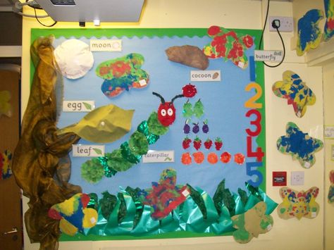 Idea for hungry caterpillar display Hungry Caterpillar Display Board, Minibeasts Display, Hungry Caterpillar Display, Hungry Caterpillar Bulletin Board, Caterpillar Bulletin Board, Nursery Display Boards, Minibeasts Activities, Hungry Caterpillar Classroom, Caterpillar Activities