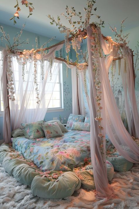 Create Your Dreamy Bedroom Oasis: Whimsical Decor Ideas to Inspire Pink Floral Bedroom Ideas, Blue Fantasy Bedroom, Canopy Bed Ideas Aesthetic, Cozy Pastel Bedroom, Coquette Interior, Dreamy Bedrooms Aesthetic, Enchanted Decor, Whimsical Room Decor, Ethereal Bedroom