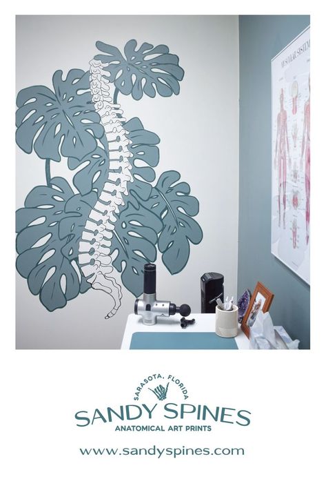 Doctors Office Murals - Monstera leaves and a spine. Wall Mural Plants, Office Mural Wall, Chiropractor Office Design, Mural Plants, Monstera Mural, Office Murals, Clinic Art, Massage Room Decor, Anatomical Art