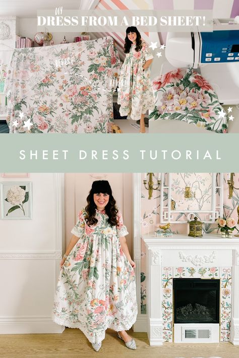 Easy Vintage Dress Pattern, Sewing A T Shirt, Sewing With Bed Sheets, Cotton Sheet Dress, Dress Out Of Sheets Diy, Bed Sheet Upcycle Clothes, Clothes Made From Sheets, Make Your Own Patterns From Clothes, Diy Sewing Decor