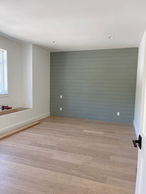 Gray Green Paint Colors Bedroom, White Walls With Sage Green Accent Wall, Green Paint Colours For Bedroom, Best White With Evergreen Fog, Green Master Accent Wall, White Wall With Green Accent, Coloured Accent Wall, Green Shiplap Accent Wall Bedroom, Master Bedrooms Decor Green Accent Wall