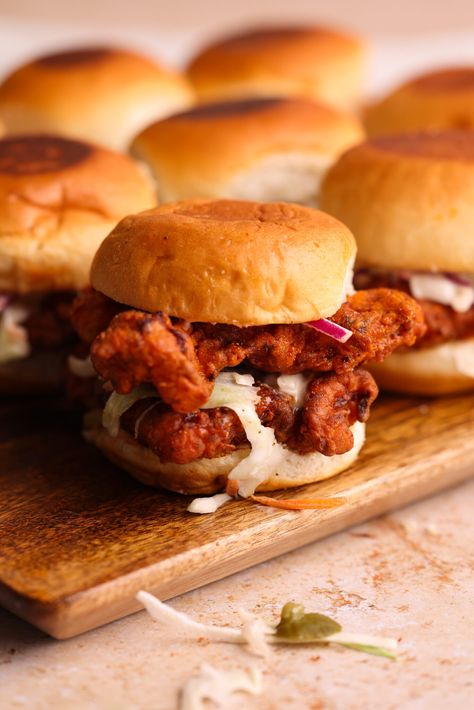 The Best Nashville Hot Chicken Sliders - BAKE WITH ZOHA Nashville Chicken Sliders, Blackened Chicken Sliders, Hot Honey Sliders, Crispy Chicken Sliders, Nashville Hot Chicken Sliders, Hot Chicken Sliders, Fried Chicken Sliders, Sliced Pickles, Nashville Christmas