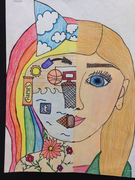 Split face self portrait Split Self Portrait, Self Portrait Drawing Ideas Creative, Split Face Self Portrait, Self Portrait Ideas, Self Portrait Art, 6th Grade Art, 4th Grade Art, 5th Grade Art, 3rd Grade Art