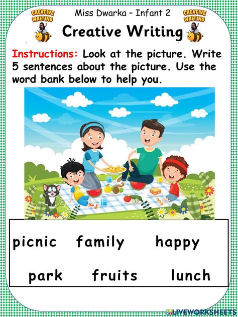 Story Pictures Creative Writing, Words For Sentence Making, Picture Writing For Grade 1, Picture Comprehension For Kindergarten, Write A Sentence About The Picture, Picture To Write A Story About, Look At The Picture And Write Sentences, Creative Writing Worksheets For Grade 1, Picture Composition Class 1