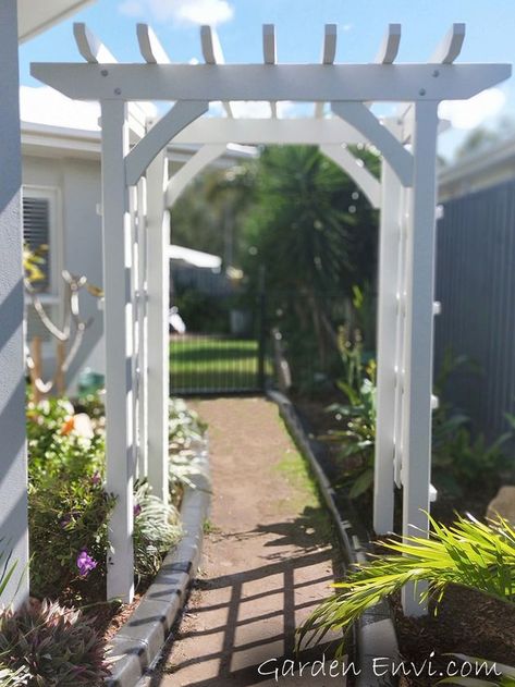 Surfmist Garden Arbour - Thornlands, QLD White Arbour, Garden Arbour, Vines Flowers, Pine Garden, Garden Gate Design, Timber Pergola, Front Courtyard, Garden Screening, Garden Arbor