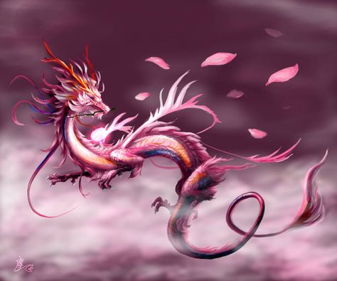 Flower of the wind by Lena-Lucia-dragon Pink Mythical Creature, Pink Dragon Art, Sakura Dragon, Glowing Lantern, Evil Unicorn, Dragon Mythology, Eastern Dragon, Dragon Queen, Mystical Animals