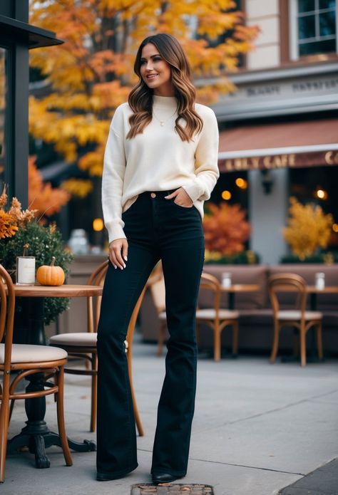 18 Black Jeans Outfit Ideas for Fall | Mummy Time Black Flare Leg Jeans Outfit, Flared Jeans And Heels Outfit, Flare Black Jeans Outfit Winter, 2025 Jeans Outfit, Black Flare Pants Outfit Classy, Black Jeans Dressy Outfits, Black Jeans Party Outfit, Bootcut Black Jeans Outfit, How To Style Black Flared Jeans