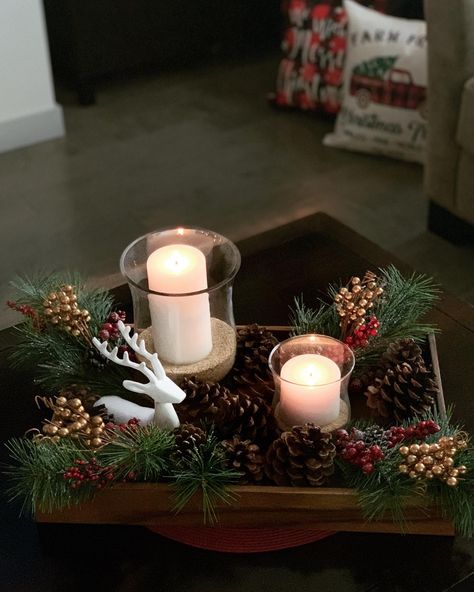 Christmas Decor For Ottoman Tray, Square Tray Christmas Decor Ideas, Decorating A Tray For Christmas, Christmas Serving Tray Decor, Christmas Ottoman Tray Decor, Decorating Coffee Tables For Christmas, Coffee Table Christmas Decor Trays, Christmas Table Tray, Christmas Coffee Table Centerpieces