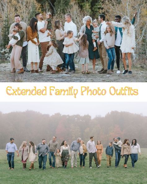 Large Family Outdoor Photoshoot Fall, Family Picture Outfits Large Family, Fall Extended Family Pictures Outfits Color Schemes, Family Photo Outfits Large Group, Fall 2023 Photoshoot, Color Palette For Large Family Photos, Large Family Fall Photoshoot Outfits, Outdoor Picture Outfit Ideas, Fall Large Family Pictures Outfits