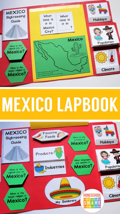 Mexico Lapbook – Homeschool Share Mexico Facts For Preschool, Mexico Board Project, Mexico Geography Project, Mexico Montessori Unit, Mexico Classroom Theme, Mexico Project Ideas, Mexico Homeschool Activities, Mexico Unit Study, Country Research Projects For Kids