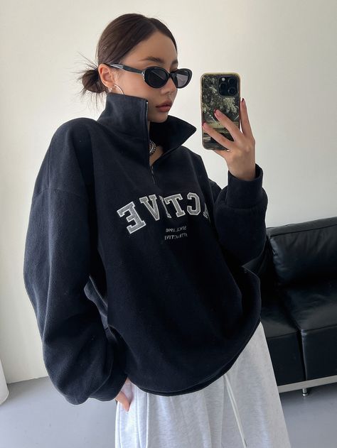 Navy Blue Casual Collar Long Sleeve Flannelette Letter Half Placket Embellished Slight Stretch  Women Clothing Puma Shoes Outfit, Custom Merch, Black Sweats, Dropped Shoulder Sweatshirt, Cute Lazy Outfits, Lazy Outfits, Winter Fits, Outfit Casual, Oversized Sweatshirt