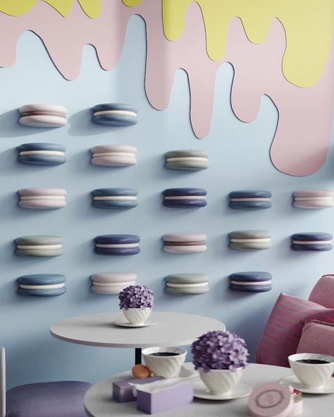 Fake Macarons, Weird Furniture, Bakery Interior, Bakery Design Interior, Donut Decorations, Pottery Store, Kindergarden Activities, Cream Walls, Bakery Design