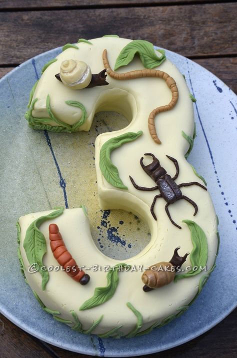 A Number 3 Birthday Cake with Creepy Crawlies... Coolest Birthday Cake Ideas Number 3 Birthday Cake, 3 Birthday Cake, Bug Birthday Cakes, Super Torte, Cake Number, Bug Cake, 3 Birthday, 3rd Birthday Cakes, Decorating Party