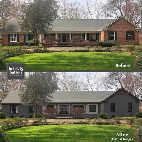 See how brick&batten designers, architects, and graphics turn these traditional ranch homes into absolute stunners..with before & after curb appeal makeovers. According to Zillow, 9 of 10 houses, in the 1950’s and 60’s were ranch style.  As the 80’s hit, people were opting for more square footage; however, the McMansion trend is quickly coming to an end and the 50’s ranches are BACK in a big way. Ranch homes are in high demand and ready to be updated.So let's get started in updating yours! Ranch Style Homes Exterior, Brick Ranch Houses, Garage Extension, Ranch House Exterior, Painted Brick House, Ranch Homes, Ranch Exterior, Homes Exterior, Brick Ranch