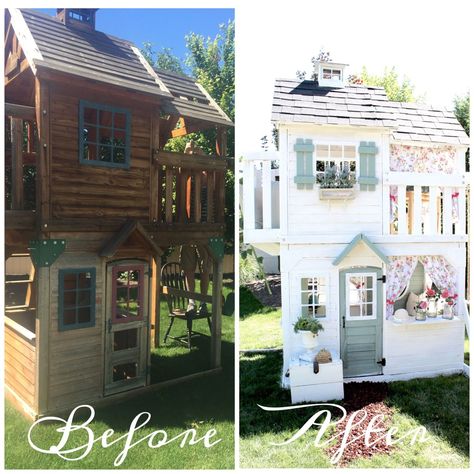 She turned an old playset into her little girl's new country chic retreat. Playset Makeover, Outdoor Playhouse Ideas, Outside Playhouse, Backyard Playset, Backyard Playhouse, Build A Playhouse, Playhouse Outdoor, Backyard Playground, Backyard Play