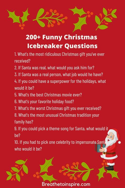 funny christmas icebreaker questions Holiday Ice Breaker Questions, Christmas Get To Know You Questions, Christmas Ice Breakers For Ladies, Christmas Games At Work, Christmas Ice Breaker Questions, Christmas Ice Breakers, Christmas Youth Games, Funny Christmas Trivia, Christmas Questions