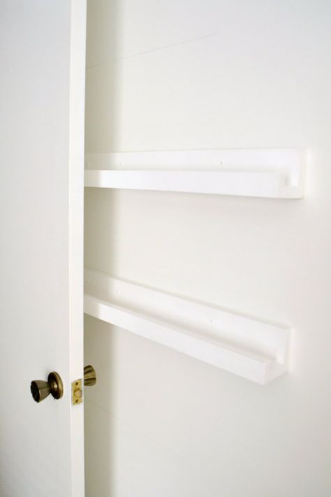 Fix That Awkward Space Behind the Door with These Narrow Shelves Behind Door Decor Bedroom, Narrow Storage Behind Door, Narrow Wall Storage Ideas, Floating Shelves Behind Door, Space Saving Wall Shelves, Over The Door Book Storage, Diy Narrow Shelves, Space Behind Door Bedrooms, Shallow Wall Storage Ideas