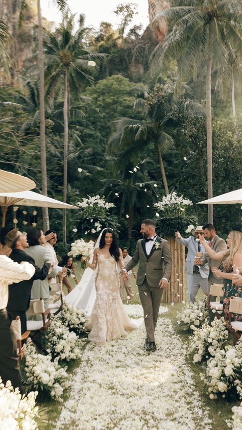 Hannah Rosser | welcome party of a lifetime at Rayavadee Resort, Thailand | Instagram Wedding Ceremony Flower Arrangements, Tropical Wedding Ceremony, Thailand Instagram, Wedding Ceremony Setup, White Wedding Ceremony, Thailand Wedding, Welcome Party, Wedding Exits, Galia Lahav