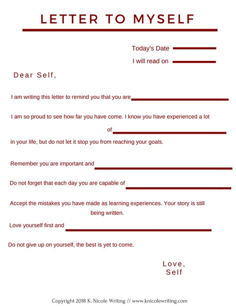 Writing Yourself a Letter (Free Printable) Dear Future Me Letter To Myself Template, Letter To Myself Journal Ideas, Writing A Love Letter To Yourself, How To Write A Love Letter To Yourself, Therapy Letter Writing, Counseling Tools Free Printable, Writing A Letter To Your Future Self, How To Write A Letter To My Future Self, Self Love Letters