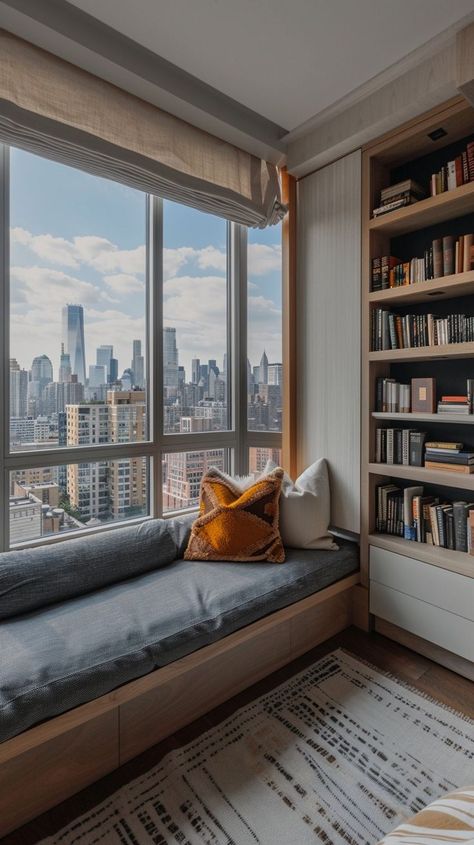 Cozy urban reading nook with plush pillows and panoramic city views, surrounded by floor-to-ceiling windows. A serene retreat in a modern apartment. Cozy Window, Cozy Window Seat, Window Seat Design, Window Nook, Urban Retreat, Seat Design, City Views, Floor To Ceiling Windows, City Apartment