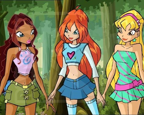 Winx Club Bloom Outfits, Winx Club Aesthetic Outfits, Iconic Trios Cartoon, Trio Characters, Iconic Trios, Winx Club Aisha, Bloom And Stella, Trio Costumes, Iconic Cartoon