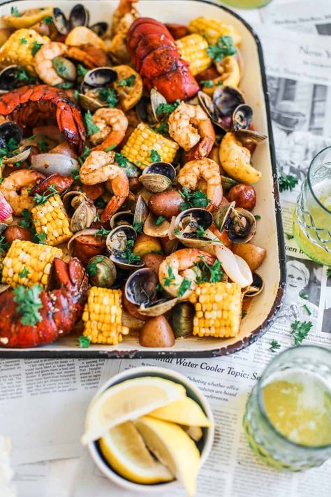 New England Dinner Party, Seafood Boil Party, Shrimp Boil Recipe, Sea Foods, Country Boil, Seafood Bake, Seafood Boil Recipes, Easy Sheet Pan Dinners, Hood Canal